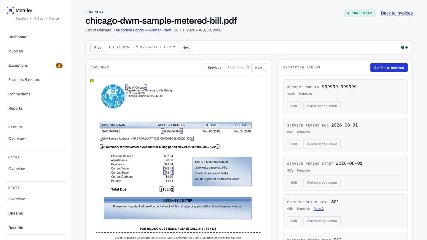 A document under review: every extracted field points at the region it was read from, with a field editor to pick a value straight off the page.